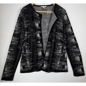 Eileen Fisher Cardigan Sweater Small Black White Organic Linen Blend Open Front
